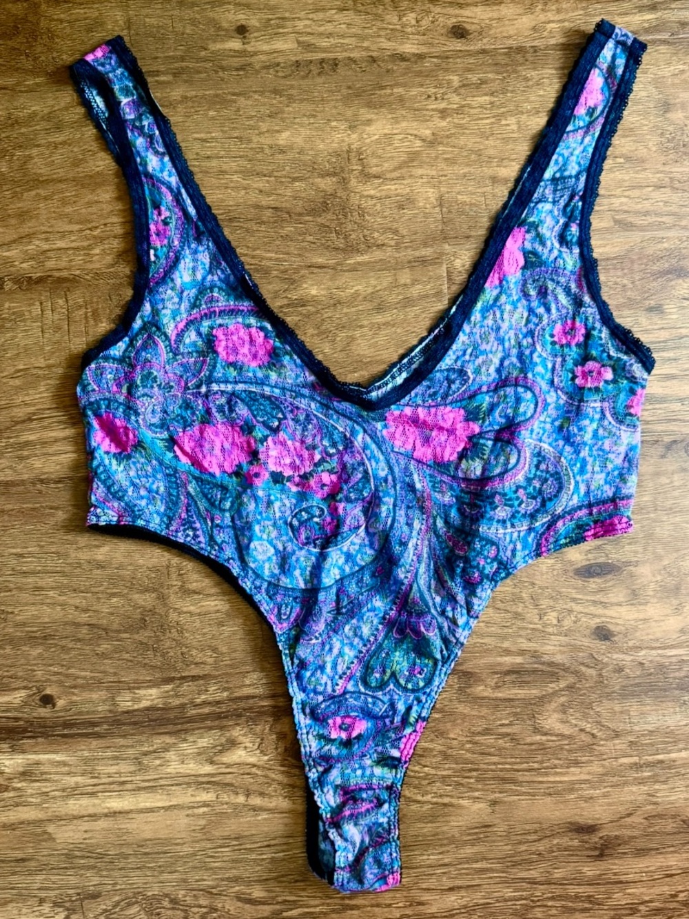 Vintage Frederick's of Hollywood 1990s pink paisley floral lace bodysuit
